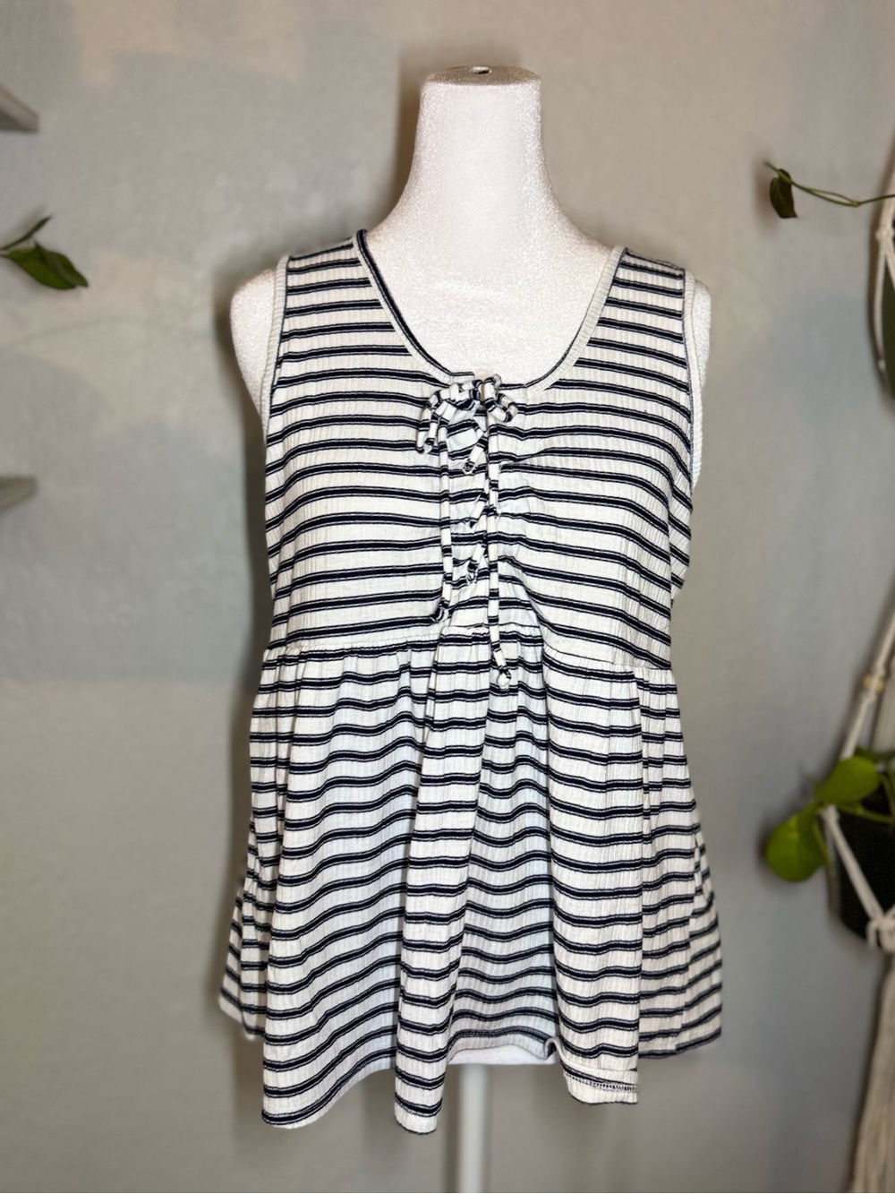 Maurices Navy and White Striped Tie-Front Tank